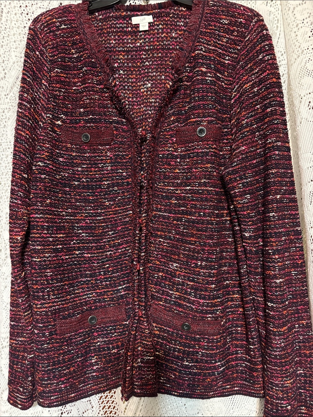 J. Jill Maroon Multi-Color Knit Cardigan